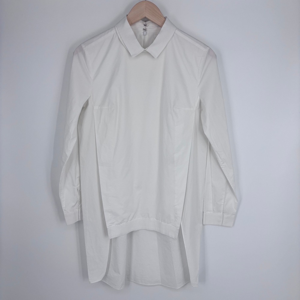 COS Poplin Blouse Women 36 White High Low Hem Back Zip Long Sleeve Minimalist